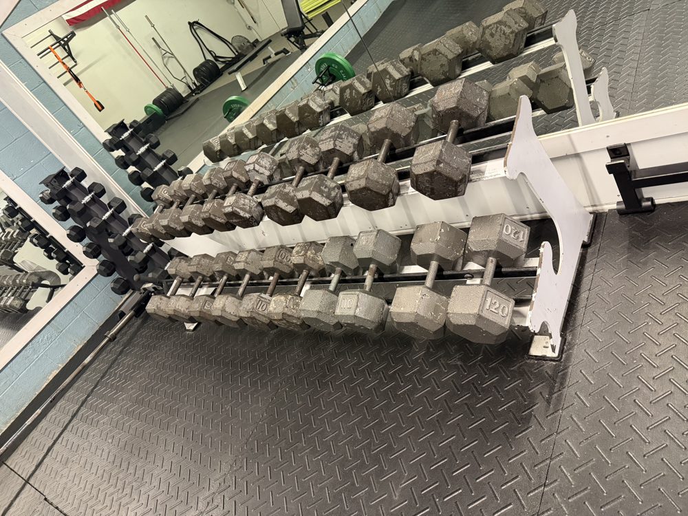 Dumbbells all the way up to 120 lb at Phoenix Fitness gym in Toccoa, GA